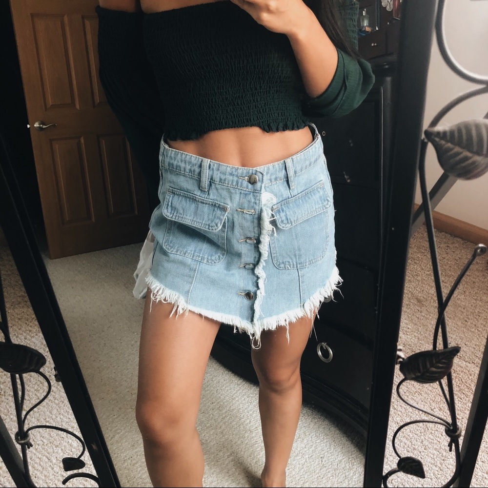 denim button up distressed skirt/skort